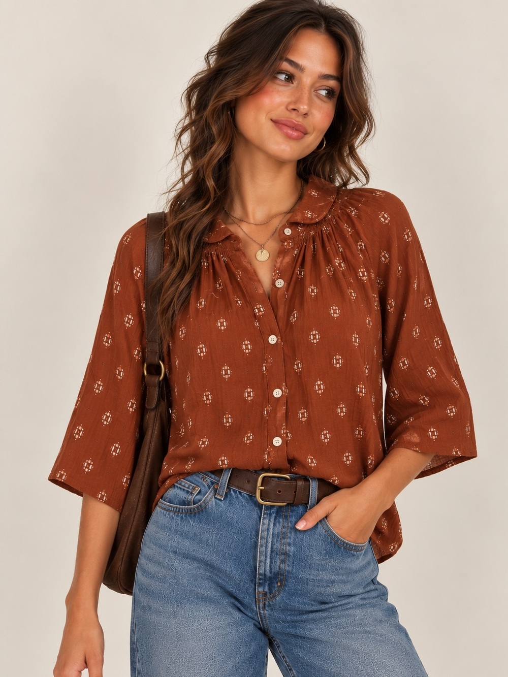 Madewell Rust Brown Cotton Blouse Geometric Print Boho Fall Cottagecore XS